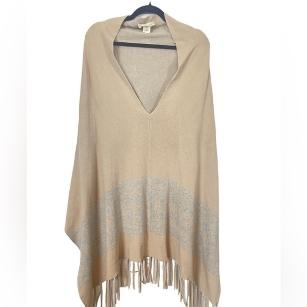 Lovestitch Knit Fringed Poncho Shawl Cape Tan Blue Print Boho ONE SIZE